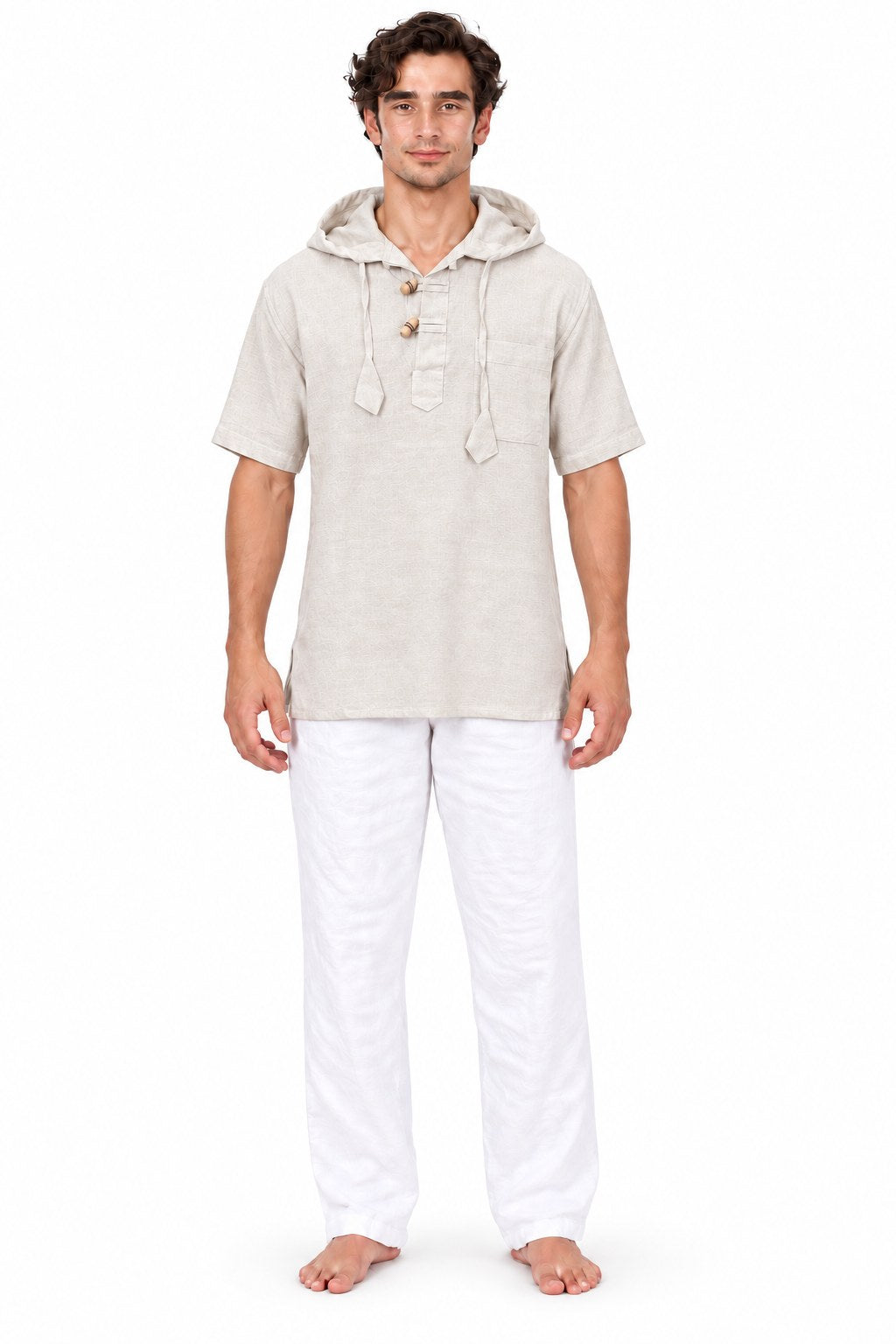 Khaki Brown Shirt with Hoodie and Wooden Buttons — model front view