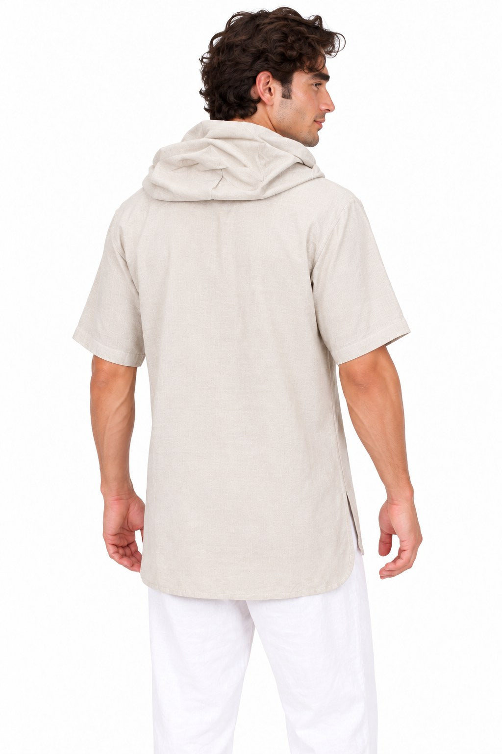 Khaki Brown Shirt with Hoodie and Wooden Buttons — three-quarter back view