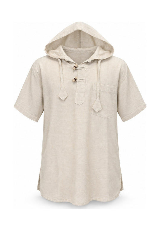Khaki Brown Shirt with Hoodie and Wooden Buttons — ghost mannequin front view
