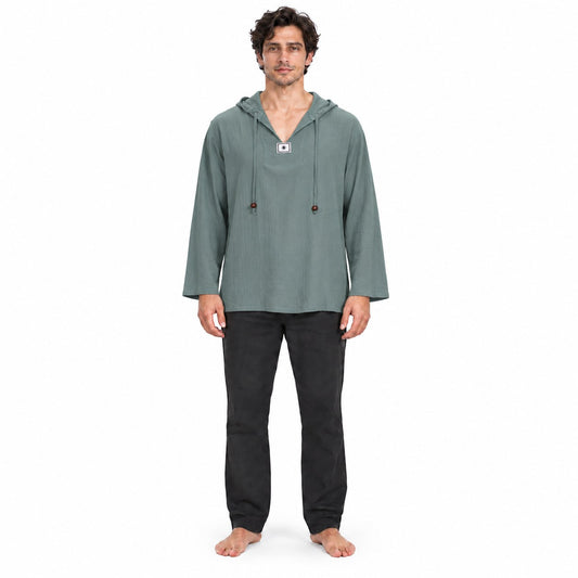 Muddy Green Long Sleeve with Hoodie and Sun on Chest Symbol from Thailand — model front view