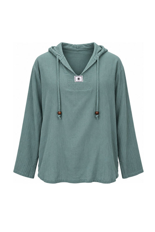 Muddy Green Long Sleeve with Hoodie and Sun on Chest Symbol from Thailand — ghost mannequin front view