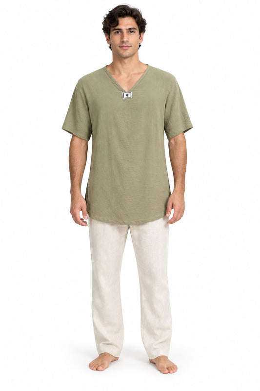 Sun of my Chest Khaki Green Short Sleeves Shirt — model front view