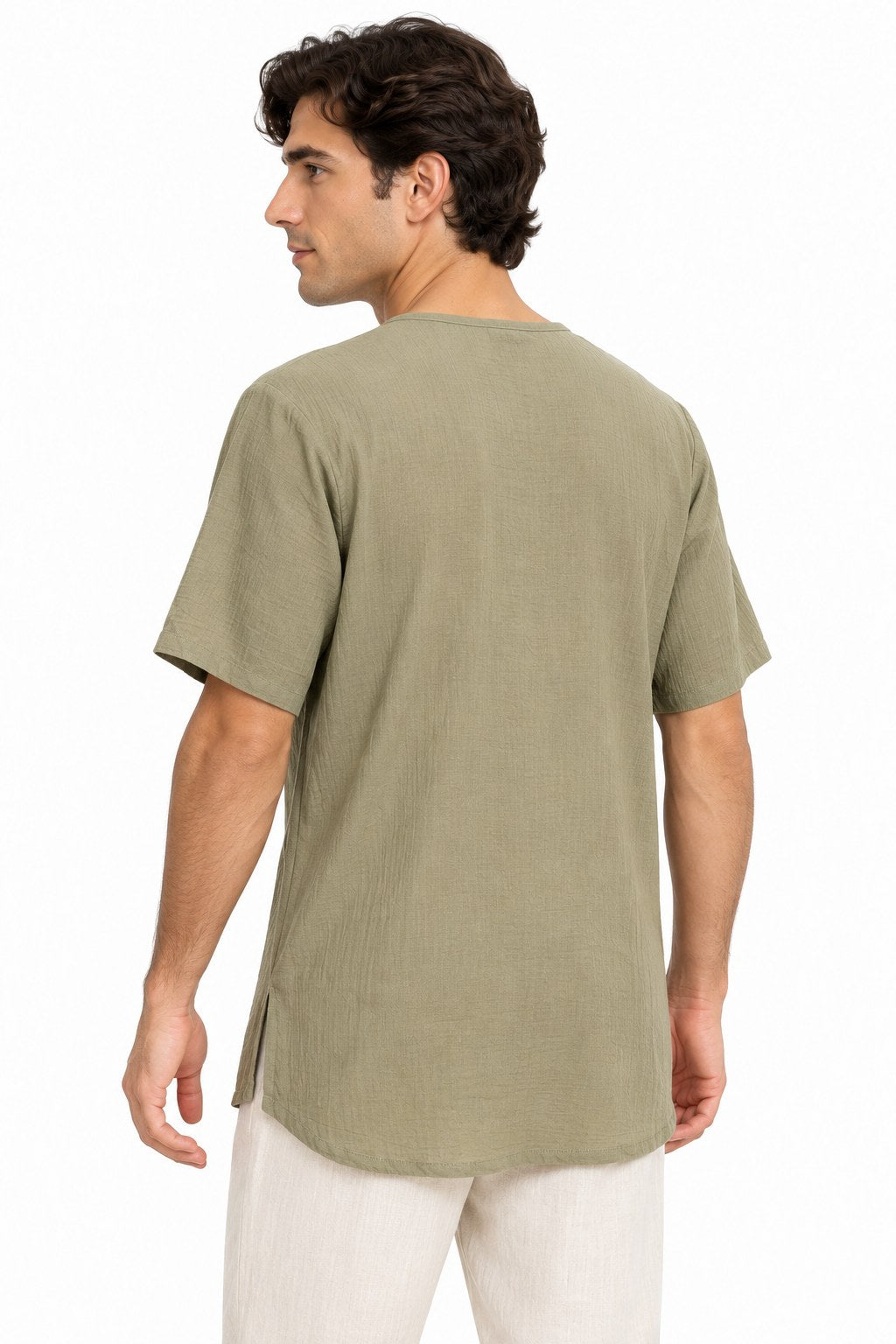 Sun of my Chest Khaki Green Short Sleeves Shirt — three-quarter back view