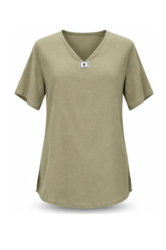 Sun of my Chest Khaki Green Short Sleeves Shirt — ghost mannequin front view