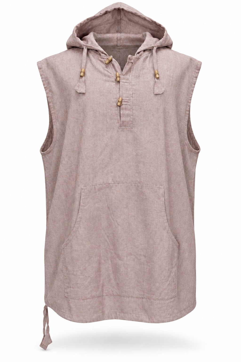 Taupe Cut Sleeve Button Shirt with Hoodie from Nepal — ghost mannequin front view