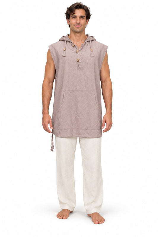 Taupe Cut Sleeve Button Shirt with Hoodie from Nepal — model front view