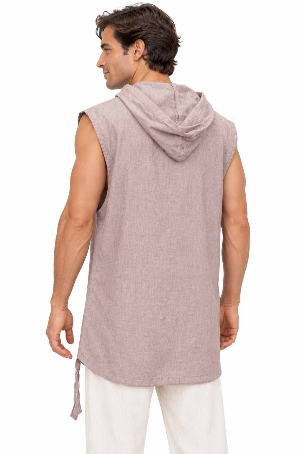 Taupe Cut Sleeve Button Shirt with Hoodie from Nepal — three-quarter back view