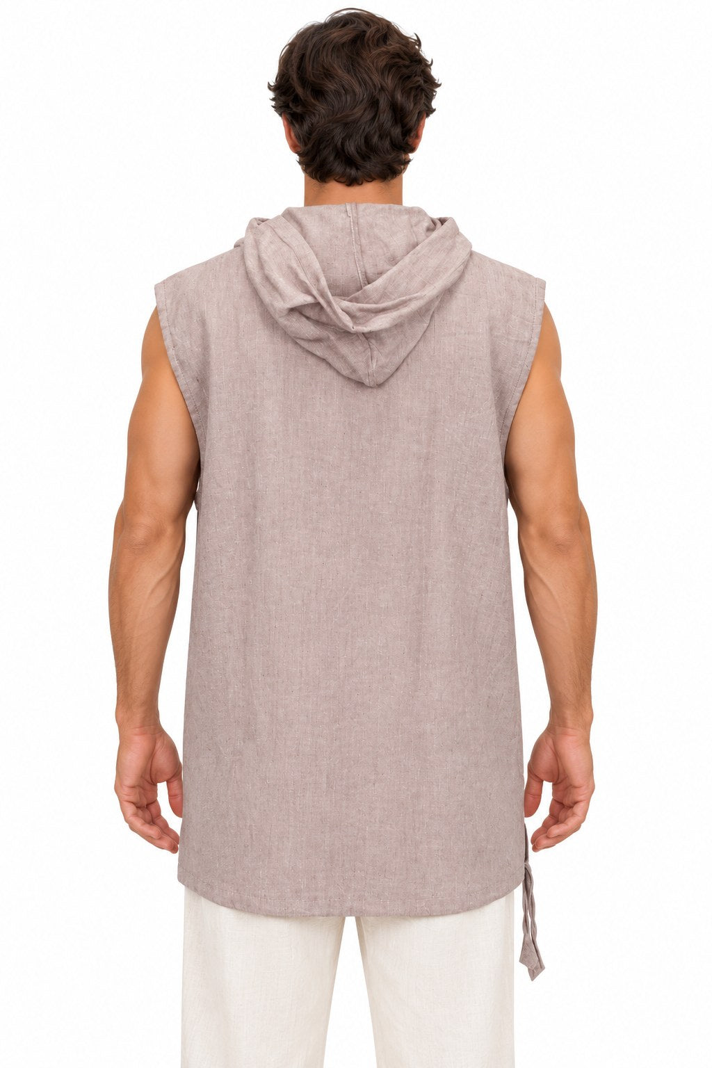 Taupe Cut Sleeve Button Shirt with Hoodie from Nepal — back view
