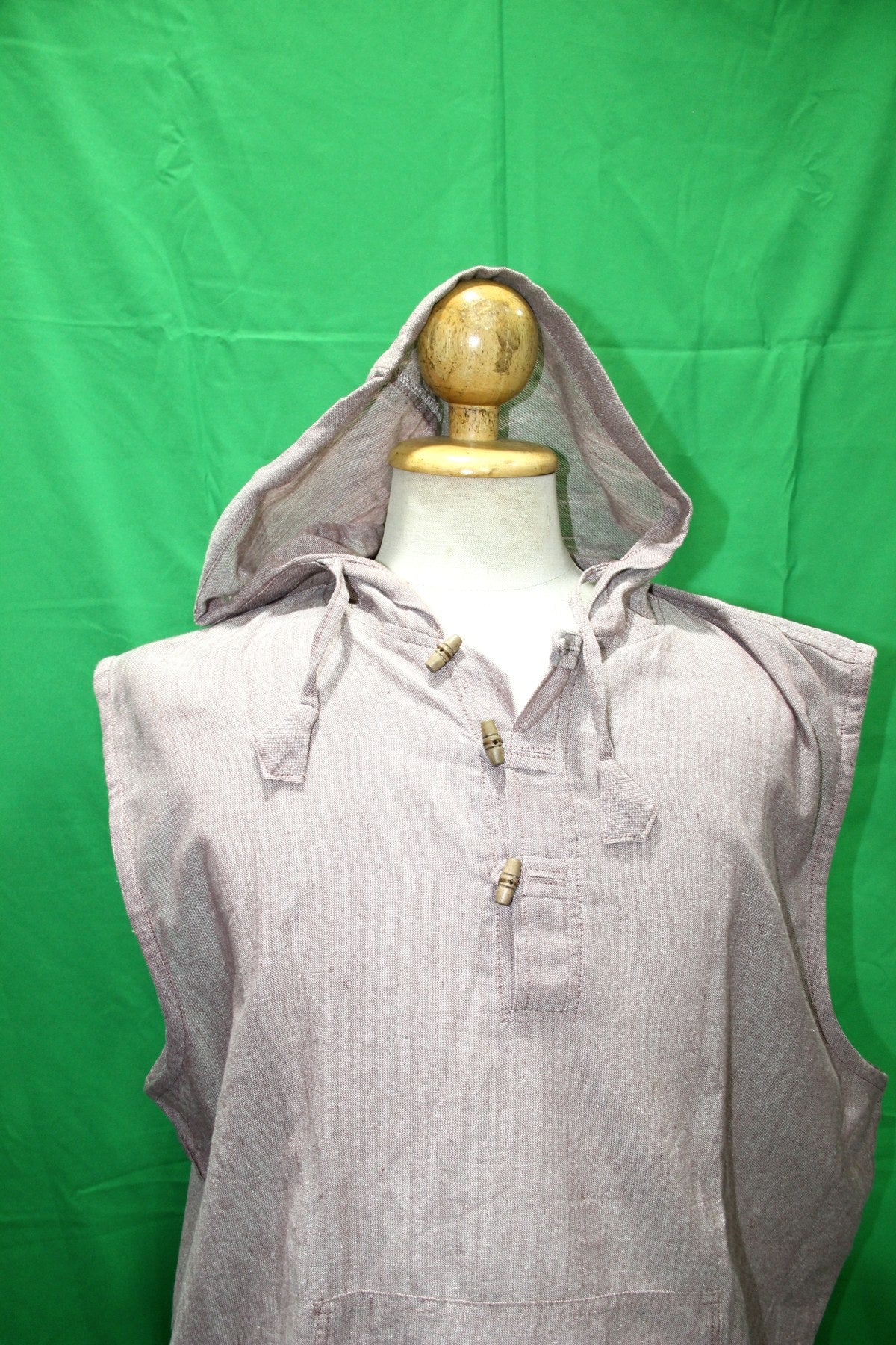 Taupe Cut Sleeve Button Shirt with Hoodie from Nepal — garment detail