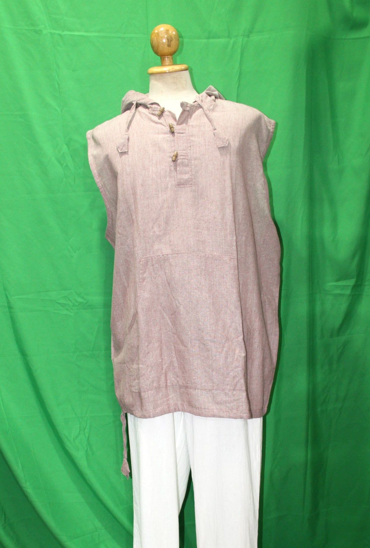 Taupe Cut Sleeve Button Shirt with Hoodie from Nepal — original product view