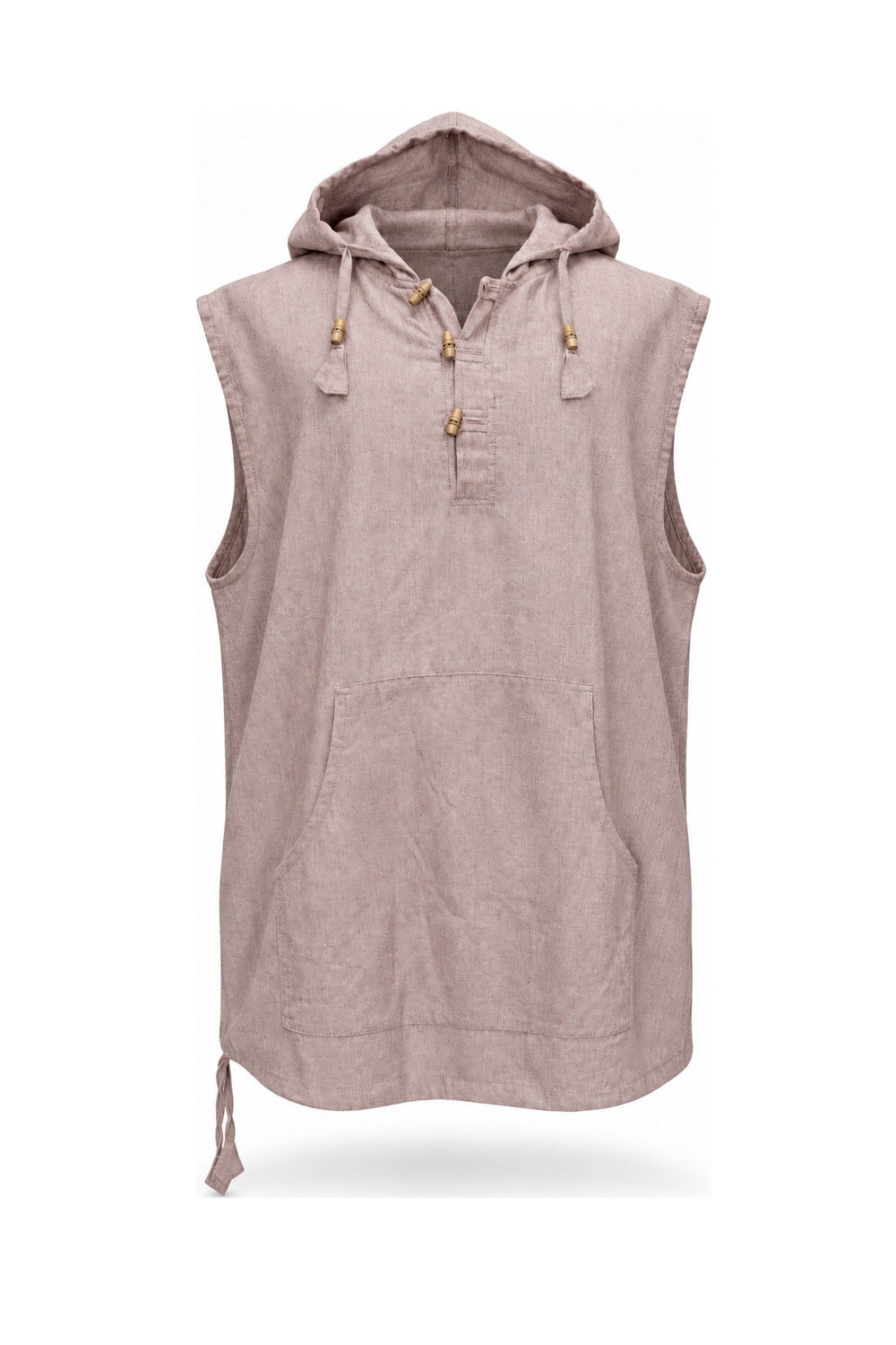 Taupe Cut Sleeve Button Shirt with Hoodie from Nepal — ghost mannequin front view