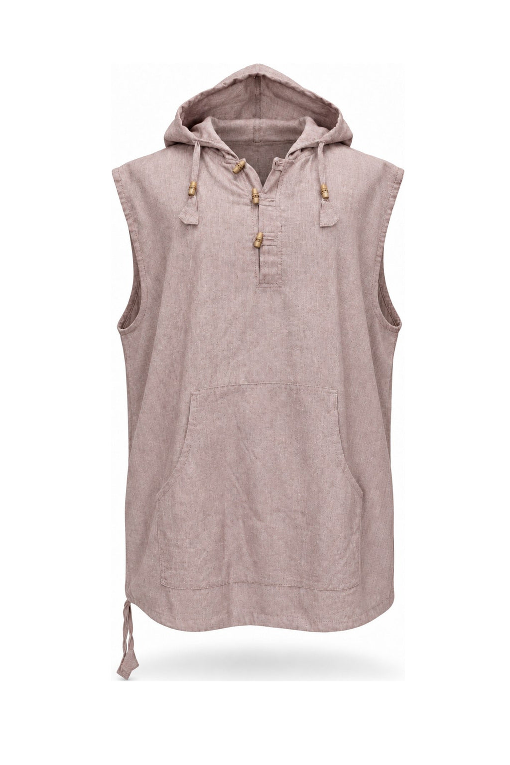 Taupe Cut Sleeve Button Shirt with Hoodie from Nepal — ghost mannequin front view