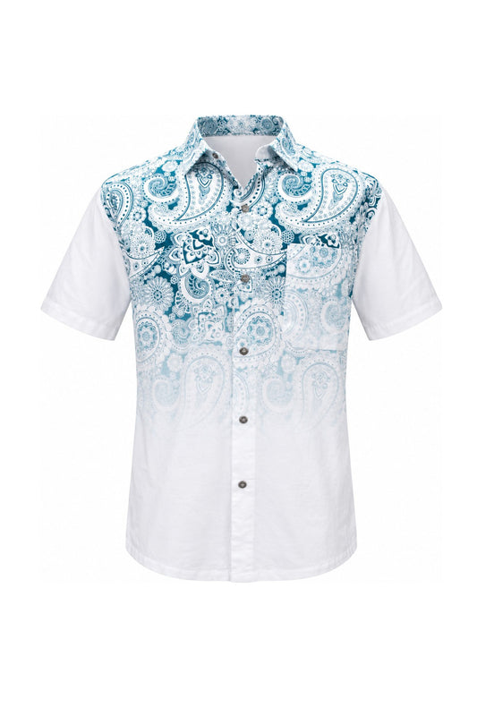 Turquoise Petal Element on white fading Shirt from Thailand — ghost mannequin front view