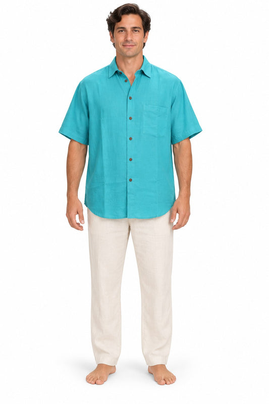Turquoise Plain Half Sleeves Shirt with Dark Buttons from India — model front view