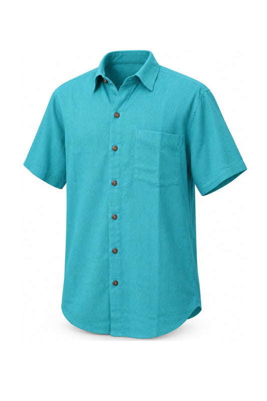 Turquoise Plain Half Sleeves Shirt with Dark Buttons from India — ghost mannequin front view