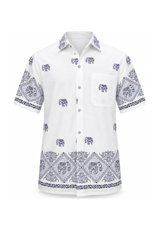 White Blue Thai Elephants in Jungle White short sleeves from Thailand — ghost mannequin front view