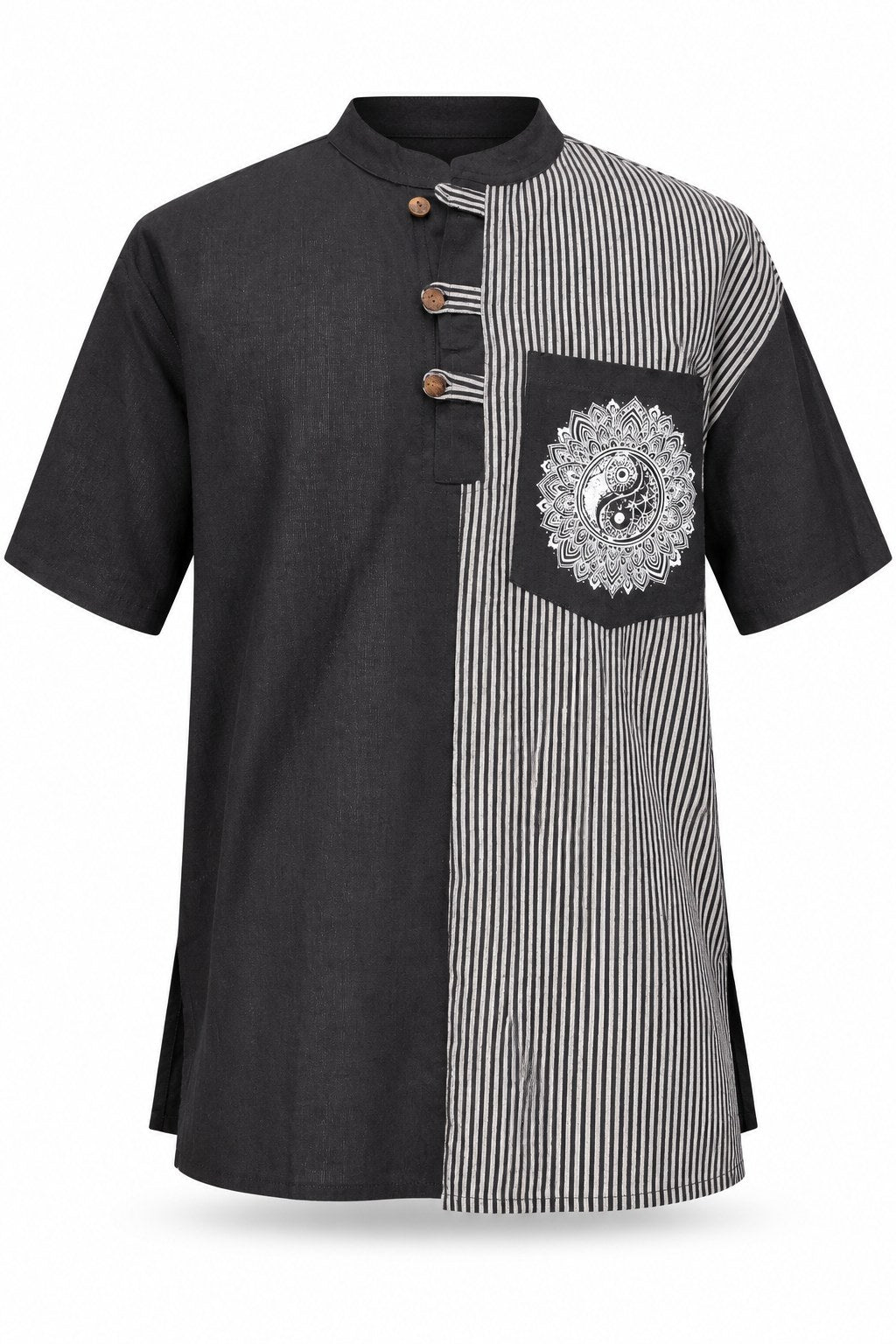 Black and White Pinstripe Mandala Shirt from Nepal — ghost mannequin front view