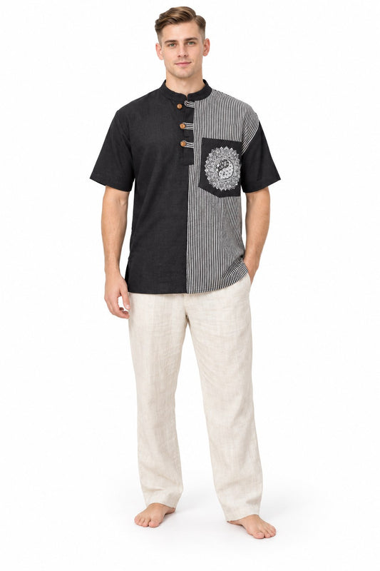 Black and White Pinstripe Mandala Shirt from Nepal — model front view