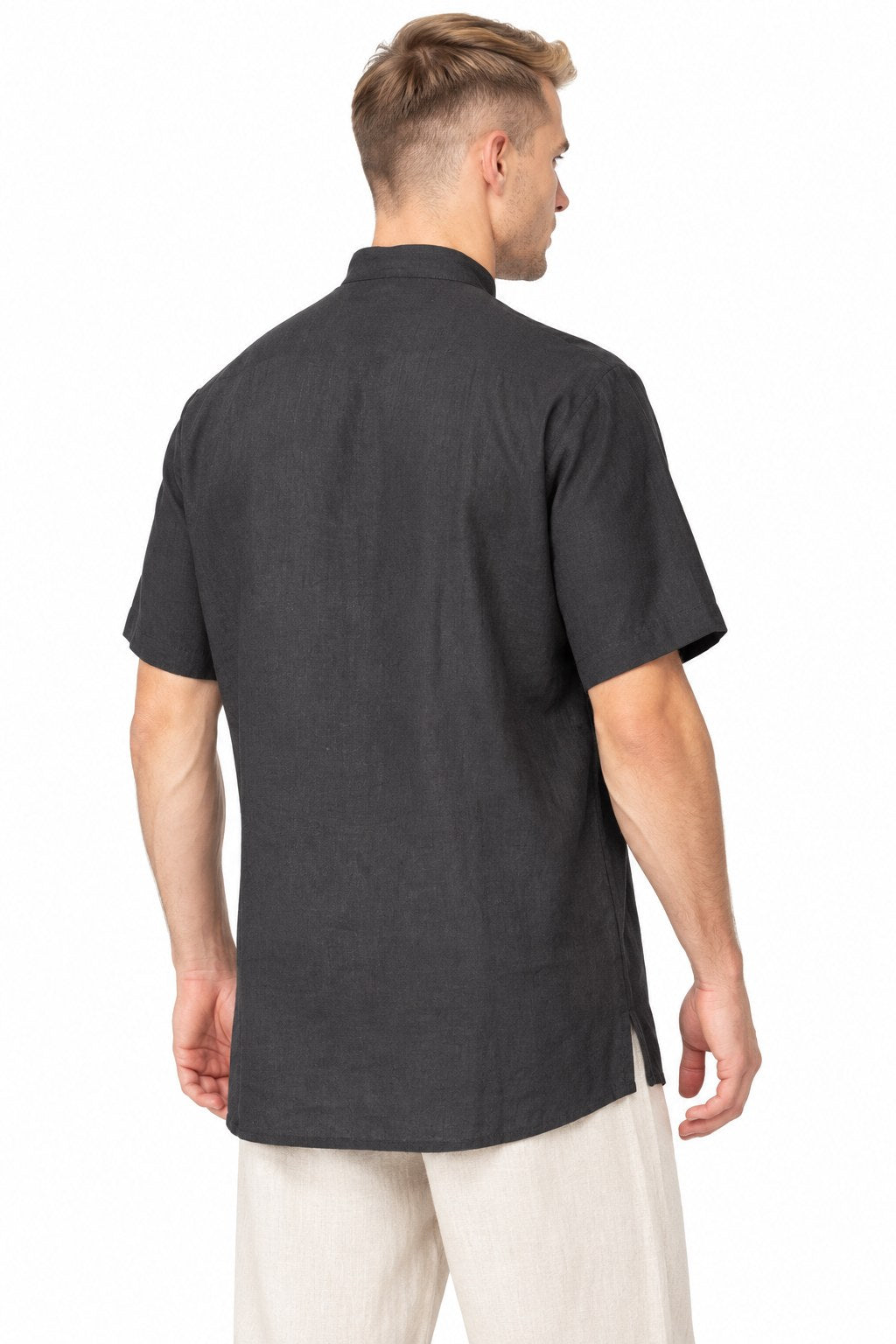 Black and White Pinstripe Mandala Shirt from Nepal — three-quarter back view
