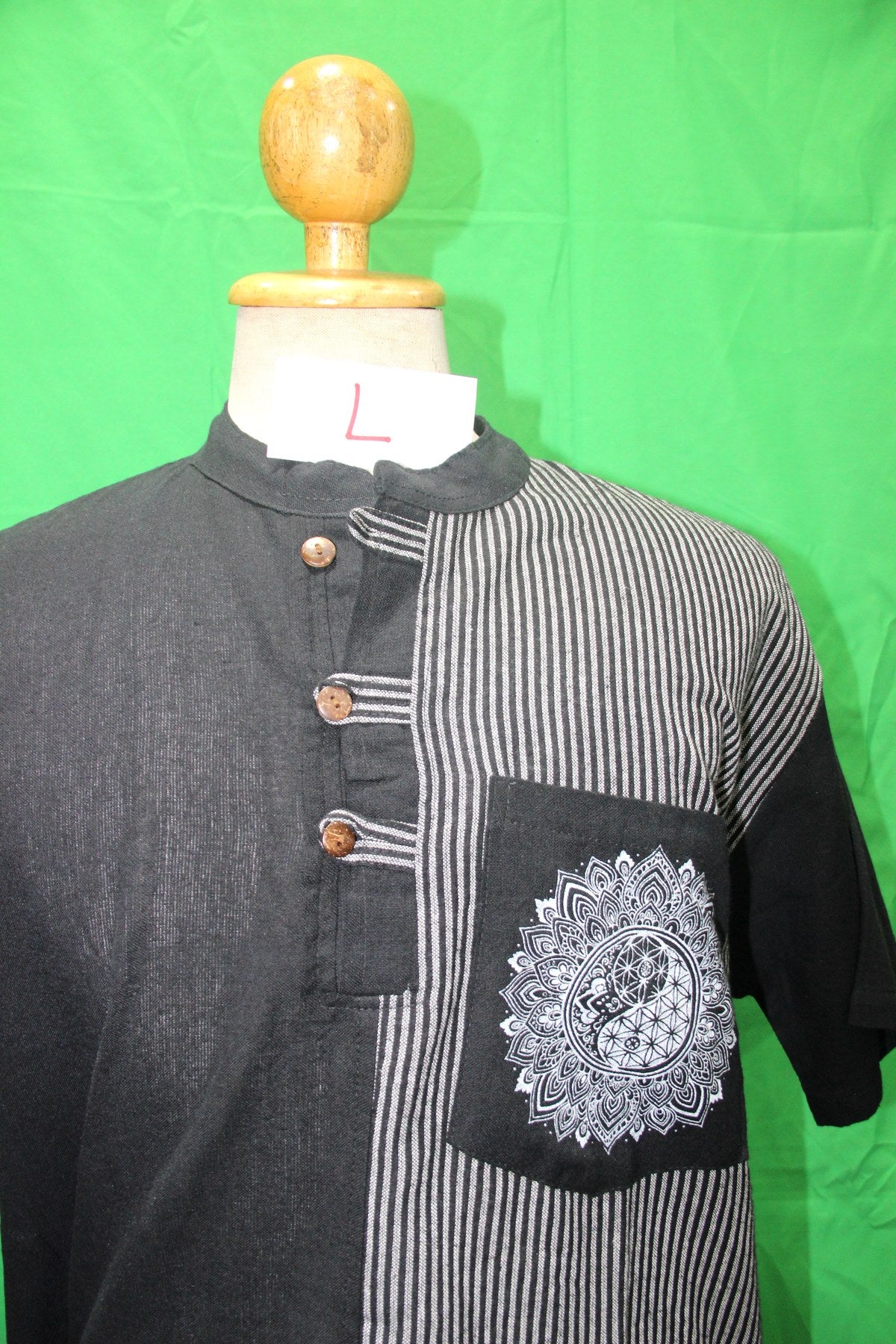 Black and White Pinstripe Mandala Shirt from Nepal — garment detail