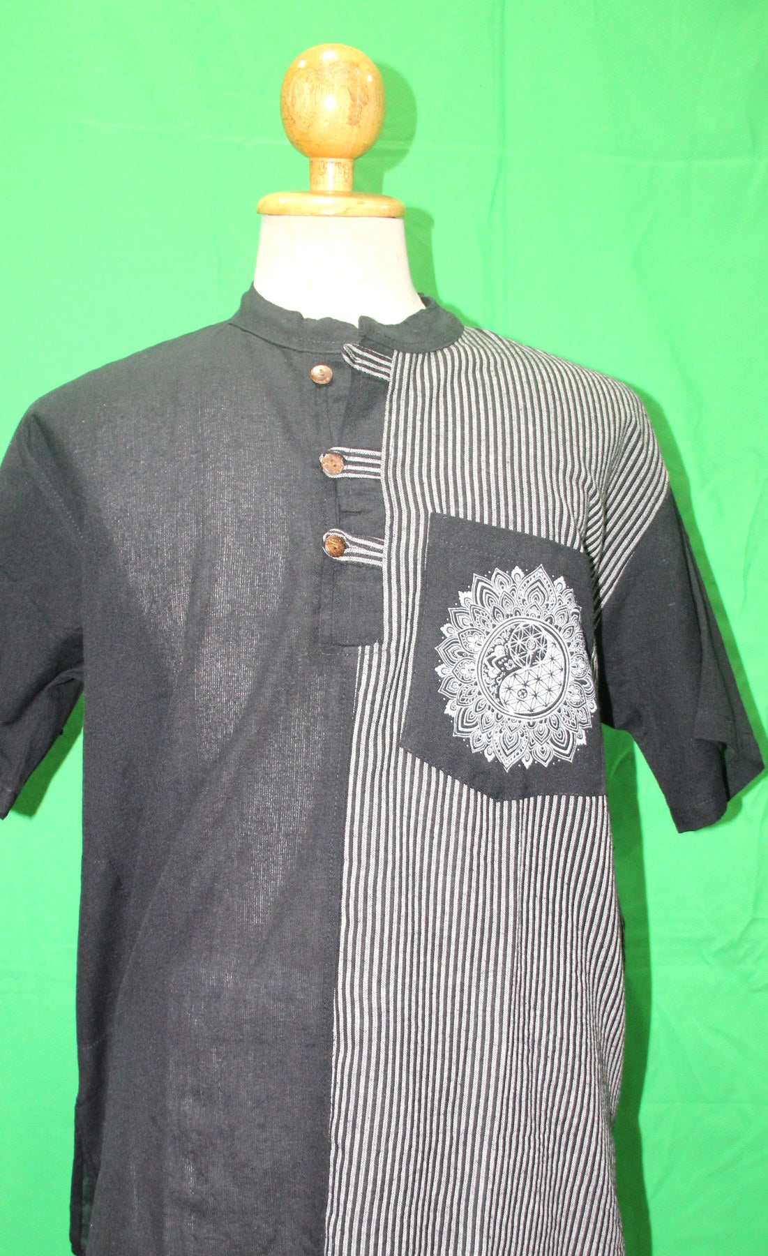 Black and White Pinstripe Mandala Shirt from Nepal — original product view