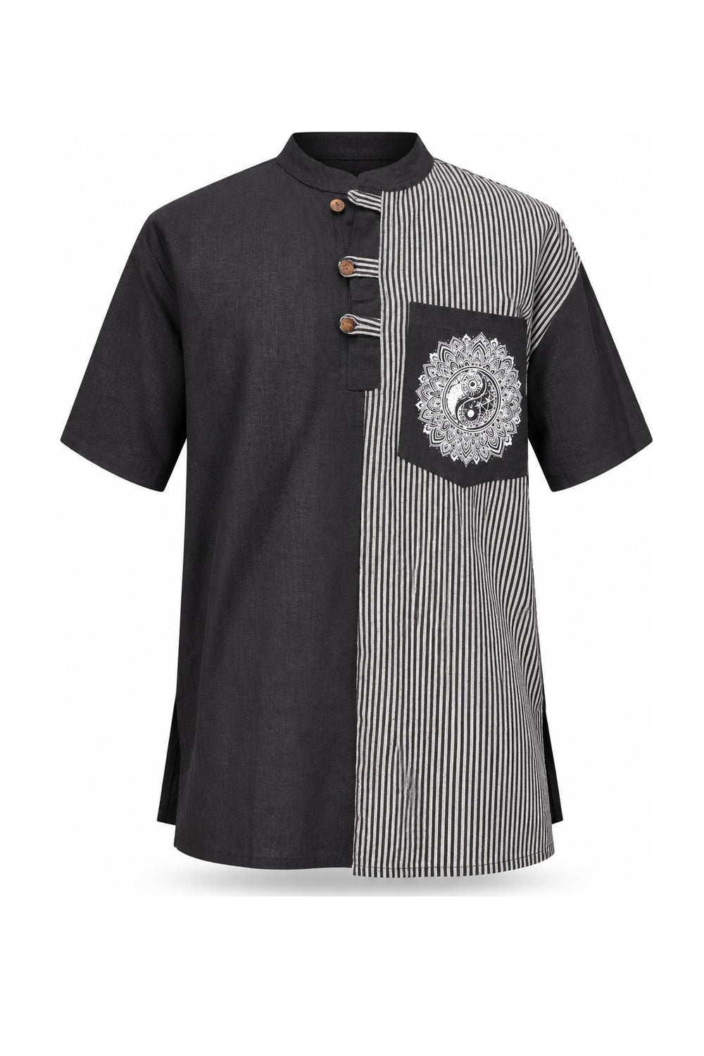 Black and White Pinstripe Mandala Shirt from Nepal — ghost mannequin front view