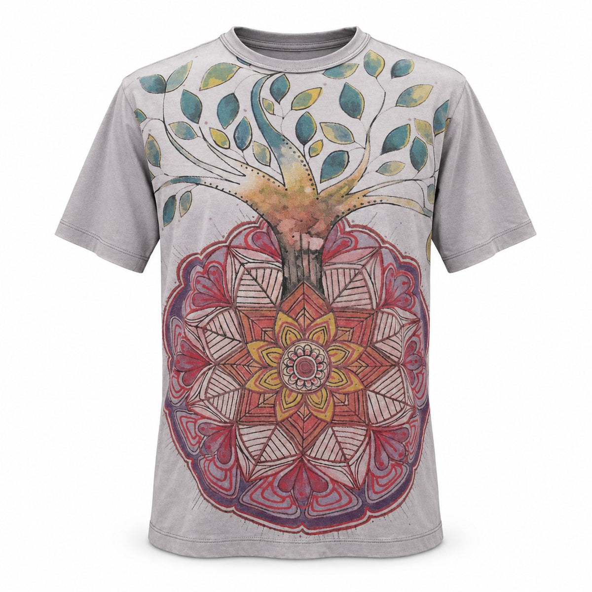 Cotton T-Shirt - Blue - Short Sleeve T-Shirt Gray Mandala in Tree — ghost mannequin front view