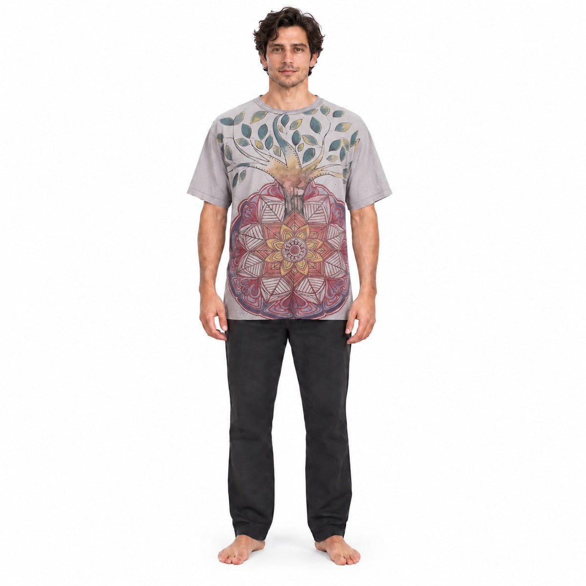Cotton T-Shirt - Blue - Short Sleeve T-Shirt Gray Mandala in Tree — model front view