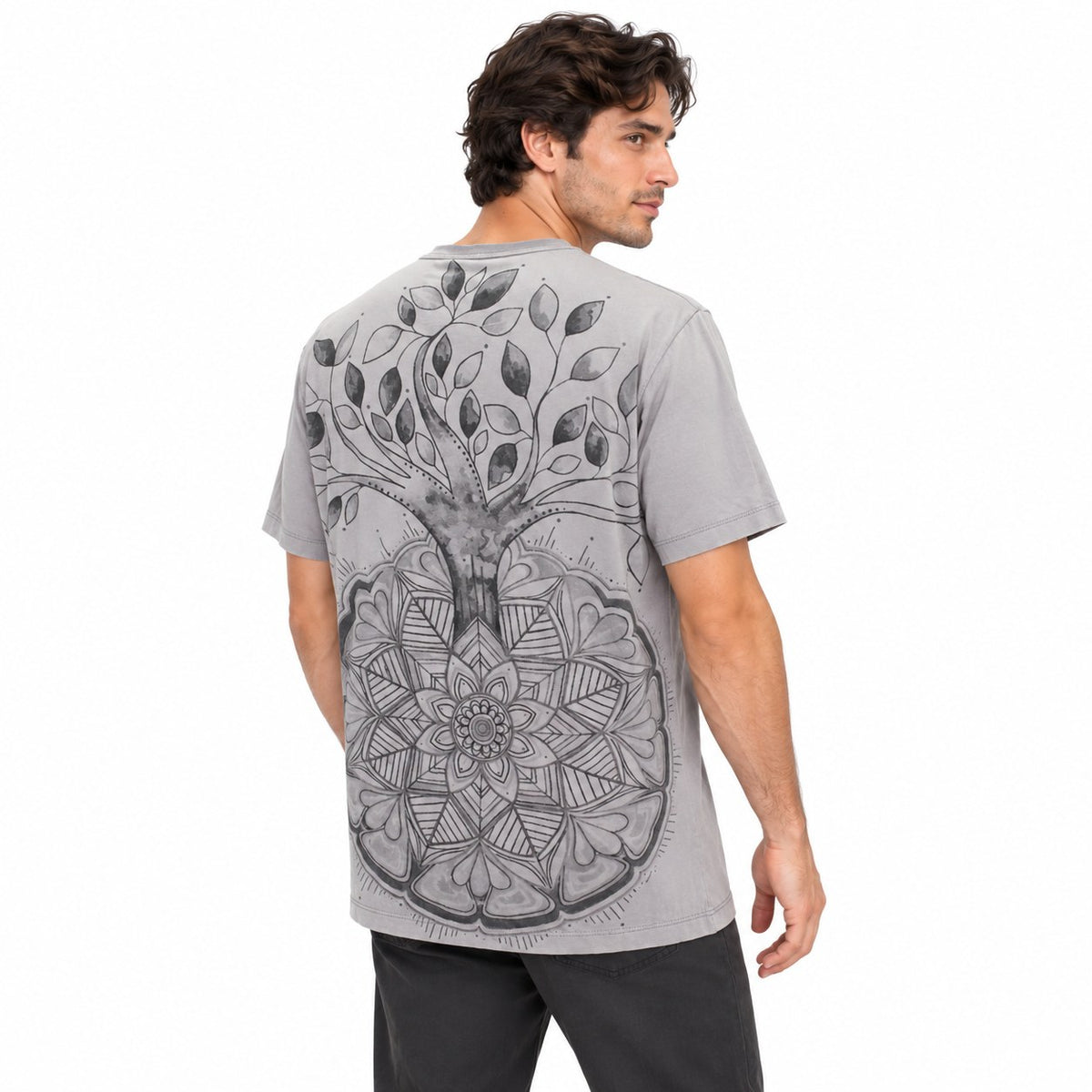 Cotton T-Shirt - Blue - Short Sleeve T-Shirt Gray Mandala in Tree — three-quarter back view