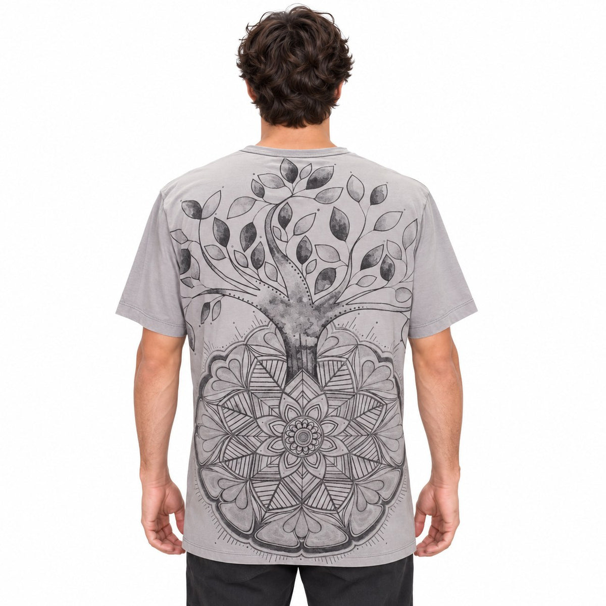 Cotton T-Shirt - Blue - Short Sleeve T-Shirt Gray Mandala in Tree — back view