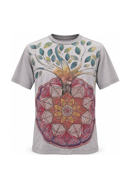 Cotton T-Shirt - Blue - Short Sleeve T-Shirt Gray Mandala in Tree — ghost mannequin front view