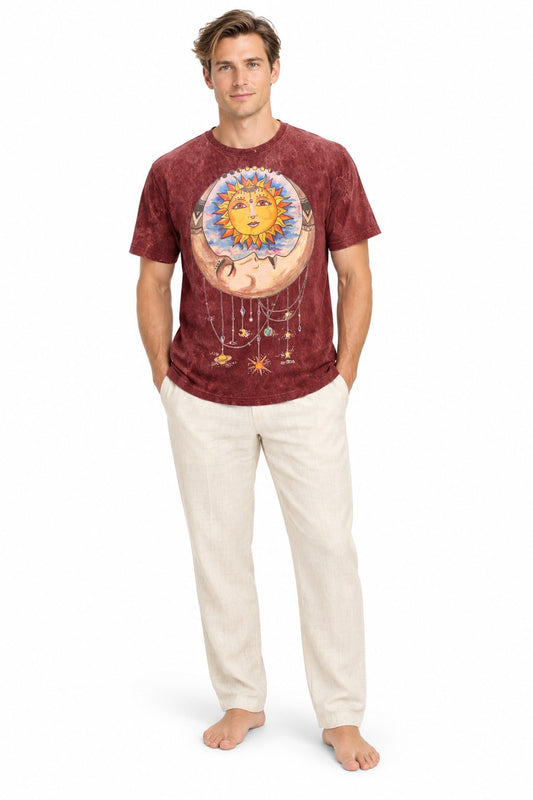 Sun Moon and Falling Stars on Maroon Color from Thailand — model front view