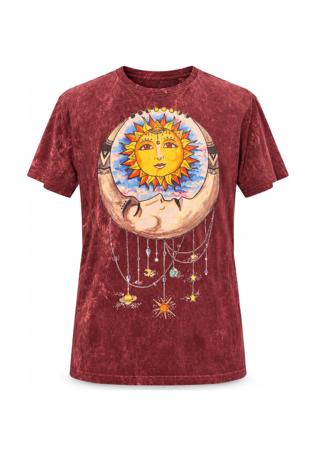 Sun Moon and Falling Stars on Maroon Color from Thailand — ghost mannequin front view