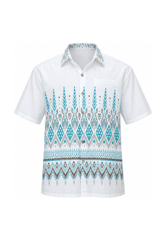Turquoise Flowers in White Thai Cotton — ghost mannequin front view