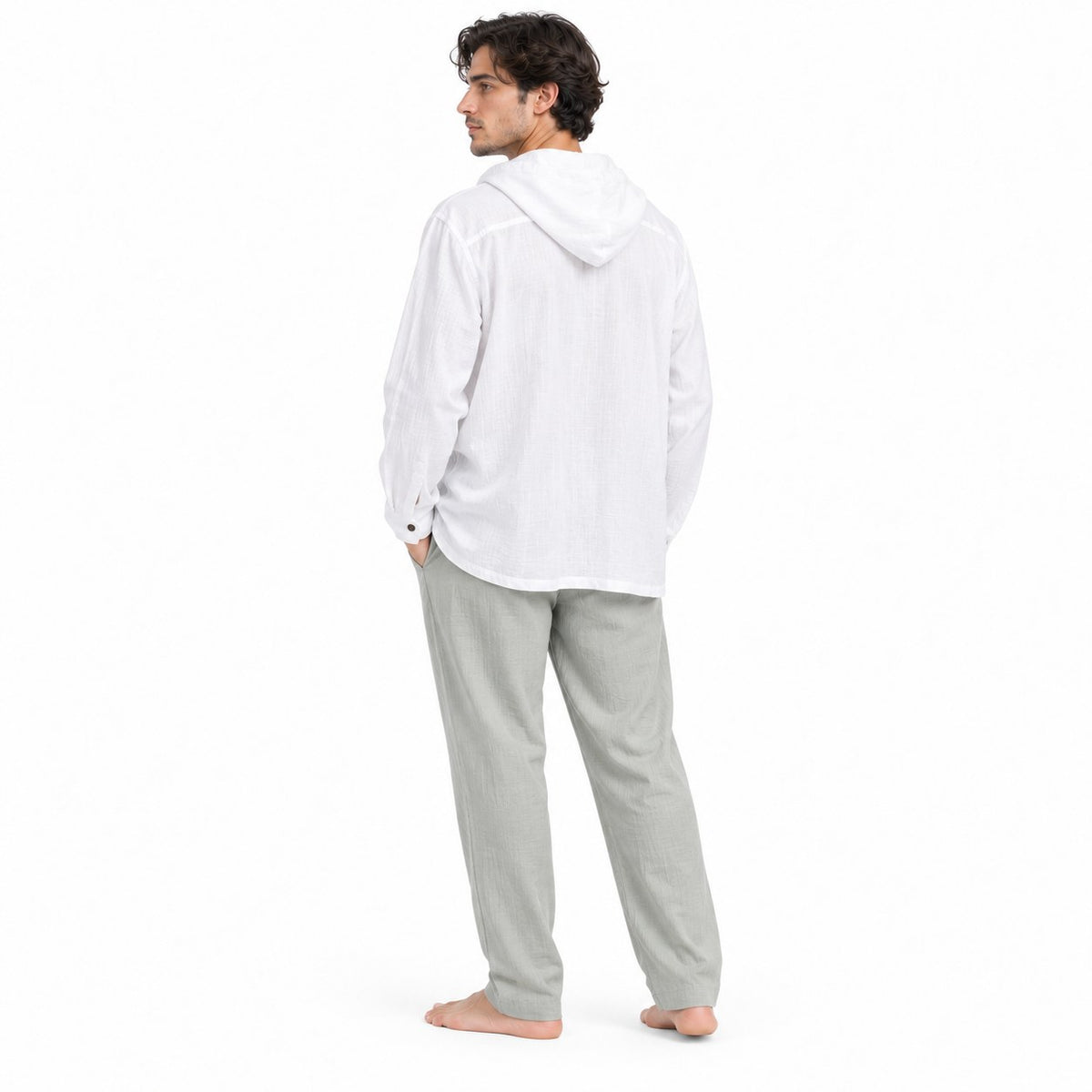 White Hoodie in Thai Cotton — three-quarter back view
