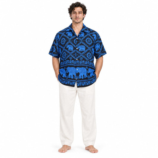 Blue Elephants in Square Garden on Hawaiian Print — model front view