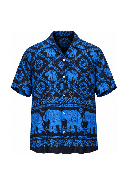 Blue Elephants in Square Garden on Hawaiian Print — ghost mannequin front view