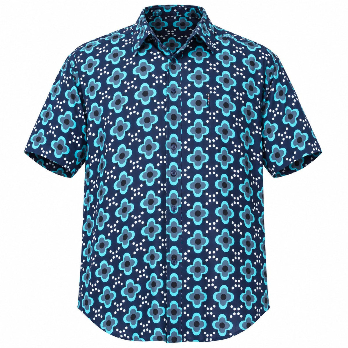 Blue Flowers on Hawaiian Print — ghost mannequin front view