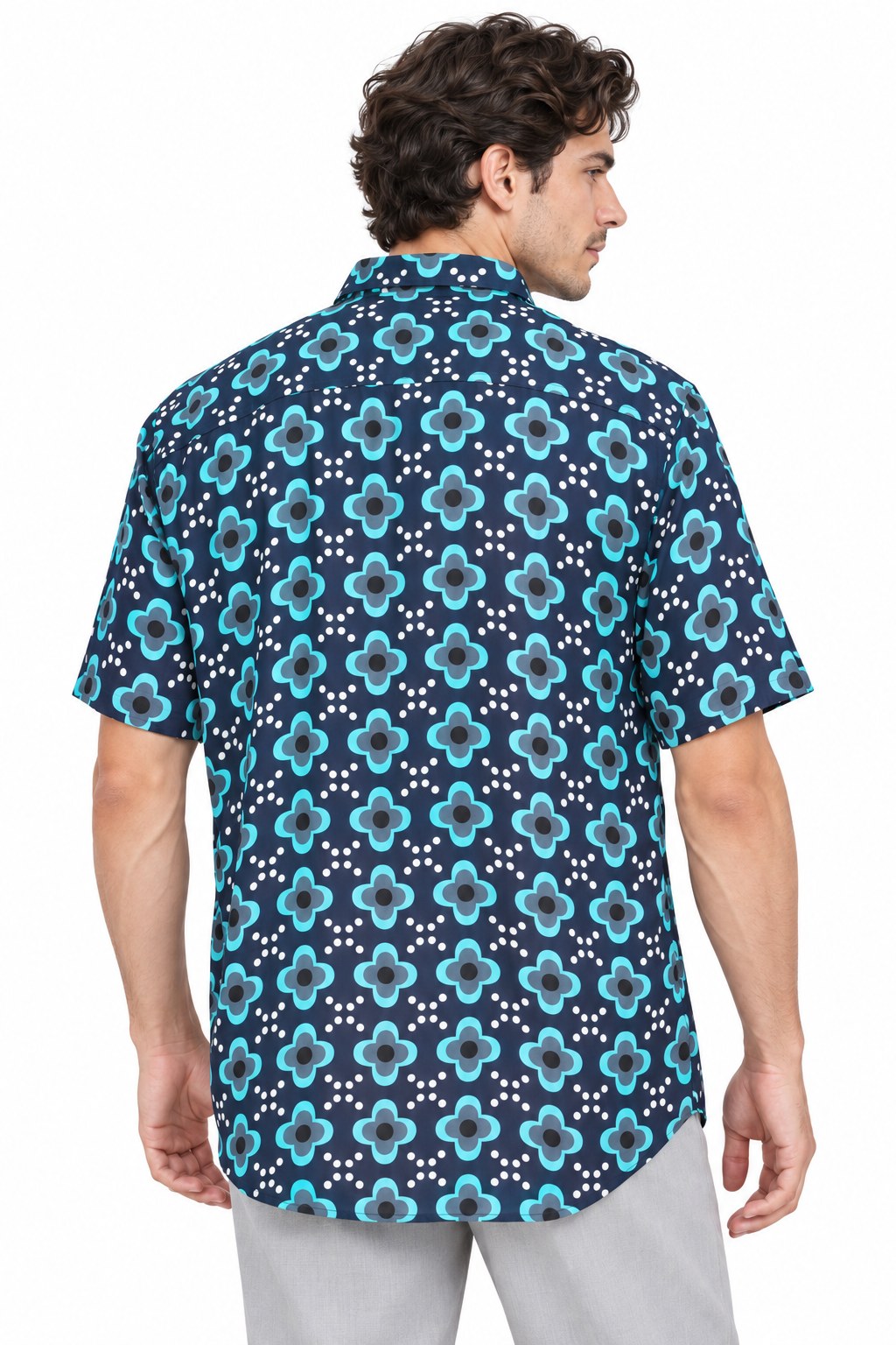 Blue Flowers on Hawaiian Print — three-quarter back view
