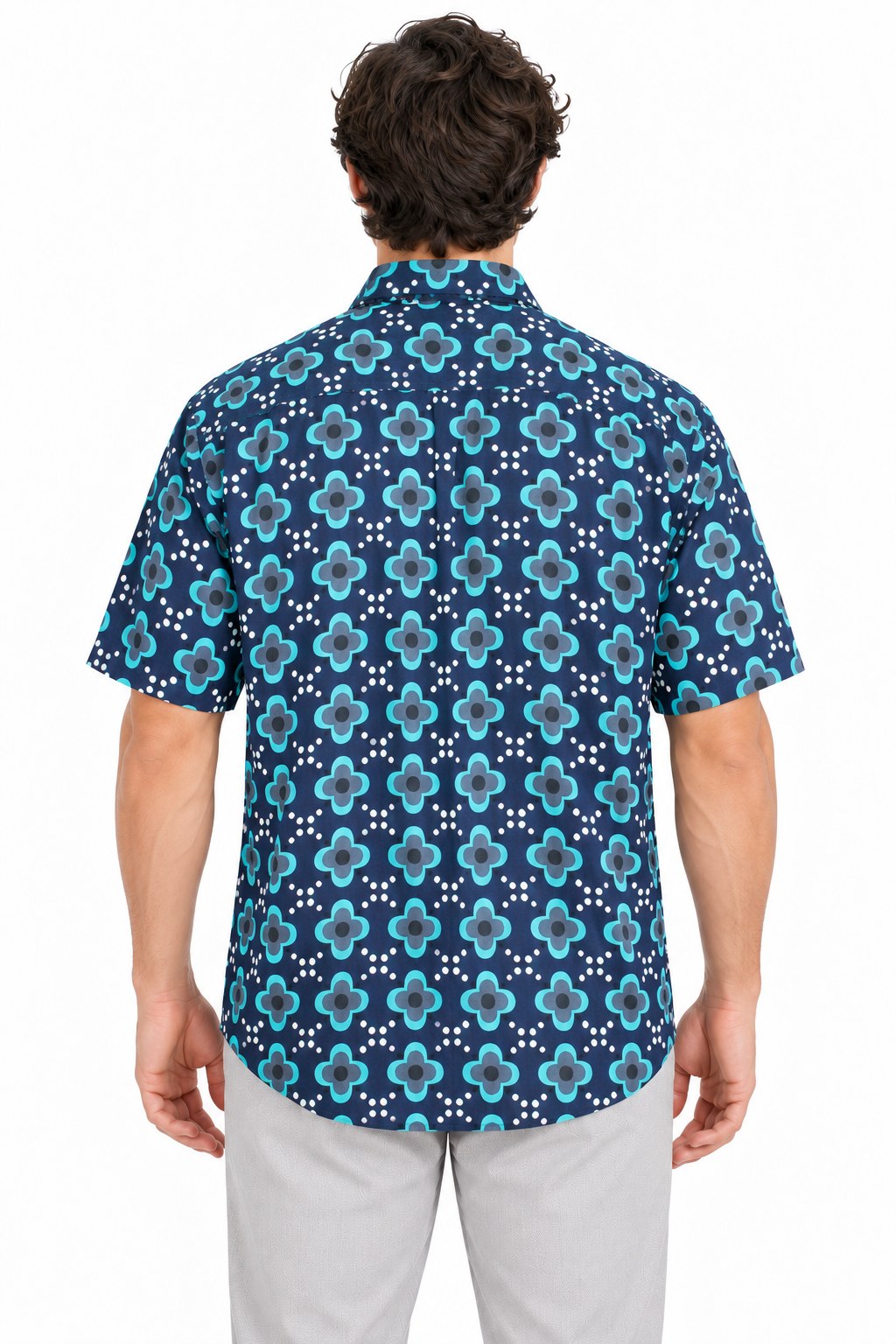 Blue Flowers on Hawaiian Print — back view