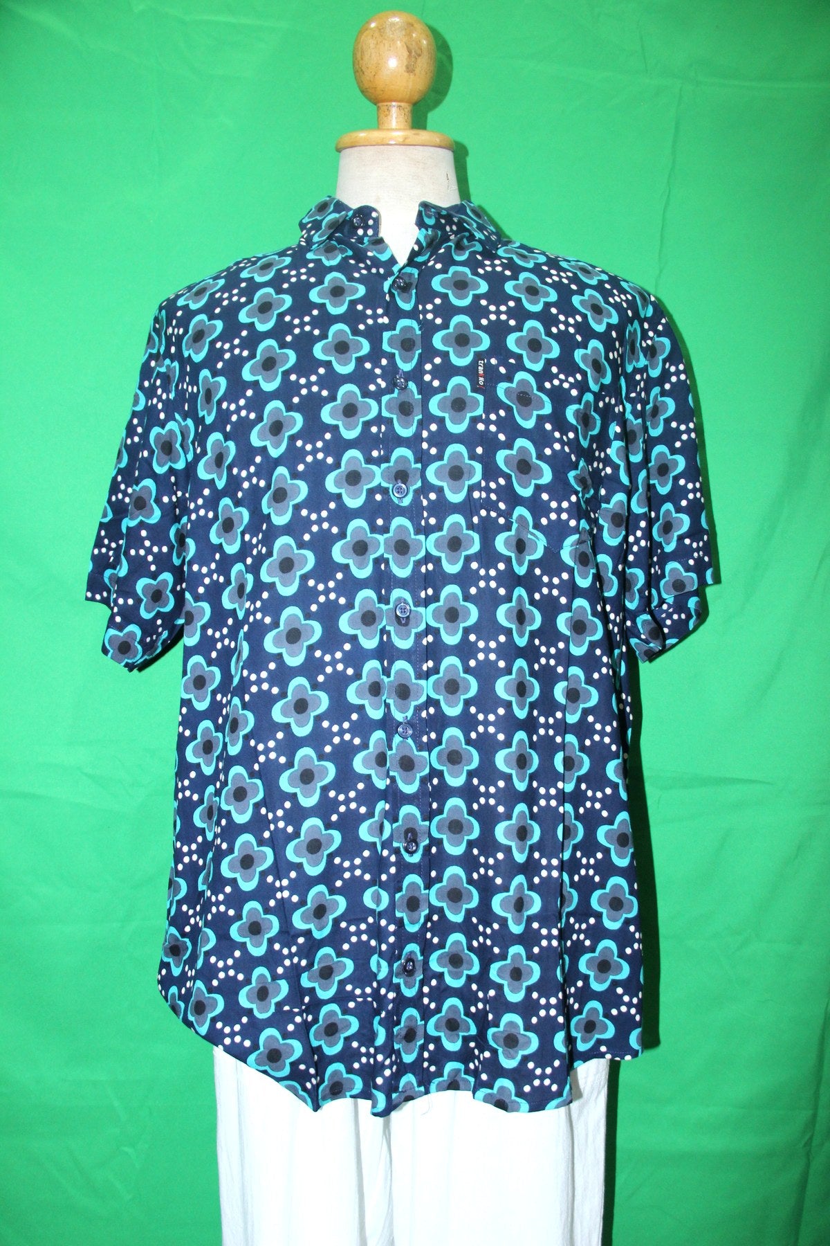 Blue Flowers on Hawaiian Print — garment detail