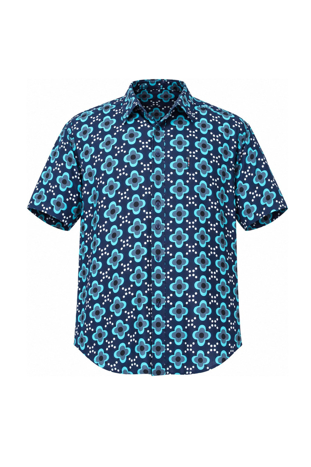 Blue Flowers on Hawaiian Print — ghost mannequin front view