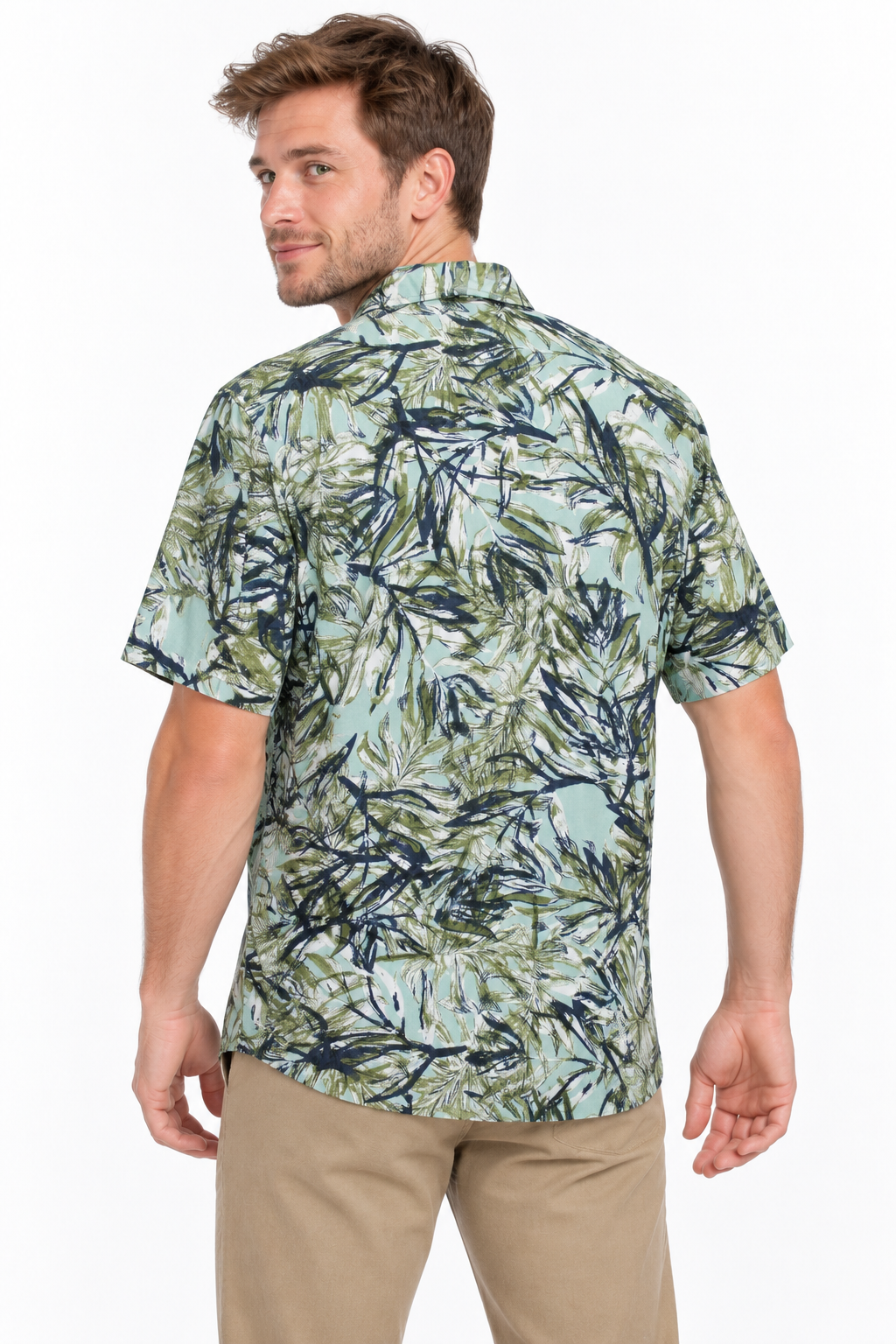 Bamboo Forest men's Hawaiian shirt — model three-quarter back