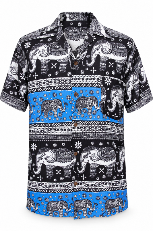 Blue Elephant Paisley Bands men's Hawaiian shirt — ghost mannequin front