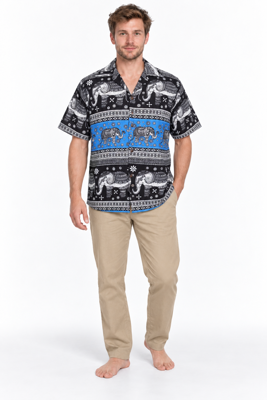 Blue Elephant Paisley Bands men's Hawaiian shirt — model front