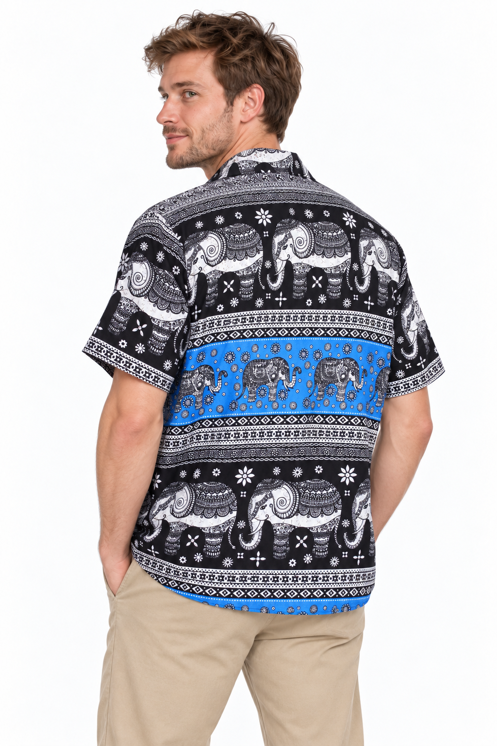 Blue Elephant Paisley Bands men's Hawaiian shirt — model three-quarter back