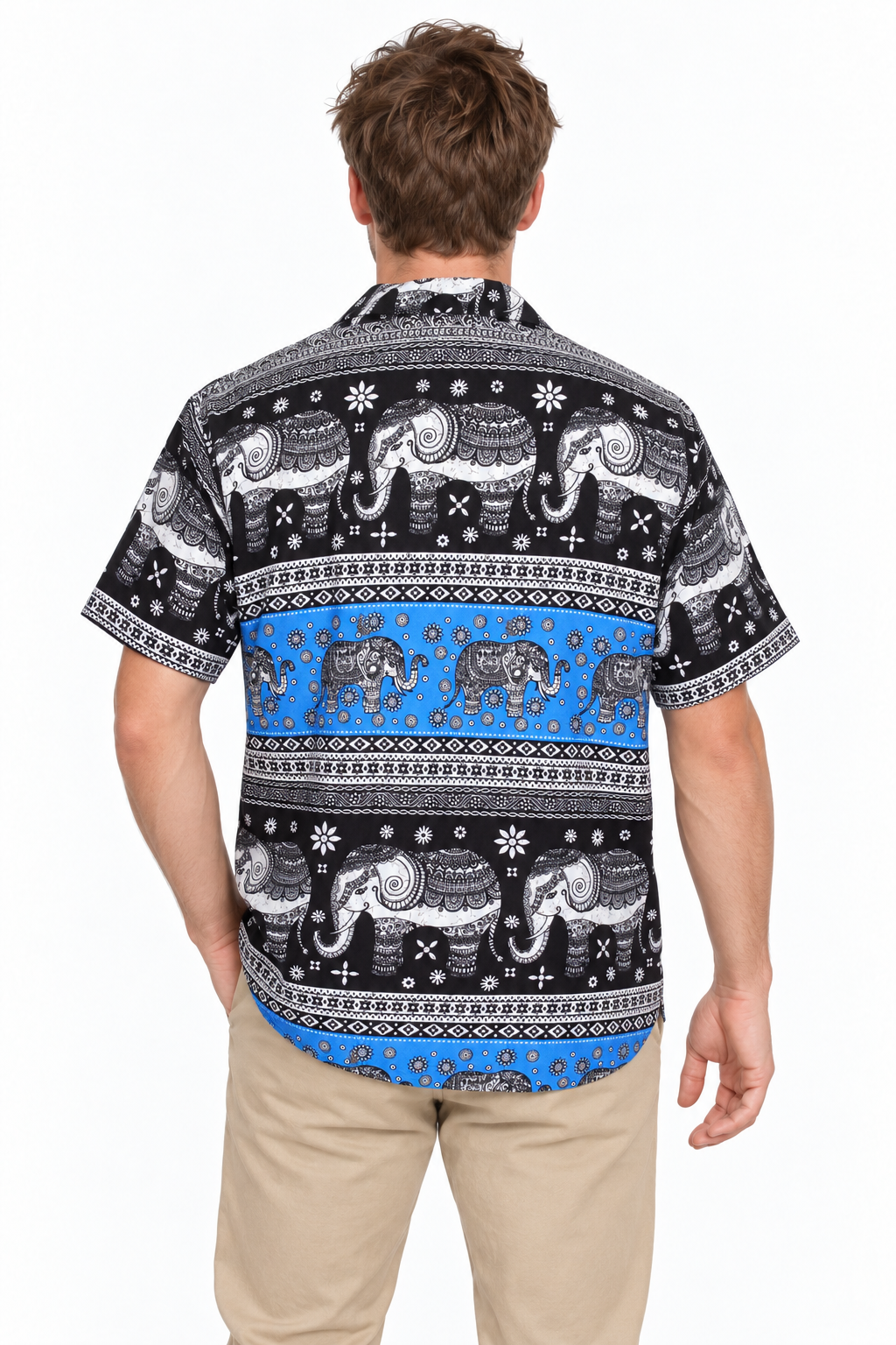 Blue Elephant Paisley Bands men's Hawaiian shirt — model back