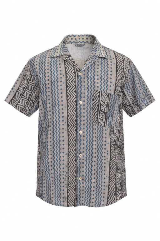 Blue Tribal Stripes men's Hawaiian shirt — ghost mannequin front