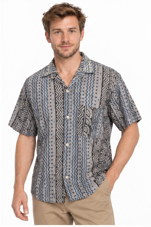 Blue Tribal Stripes men's Hawaiian shirt — model front