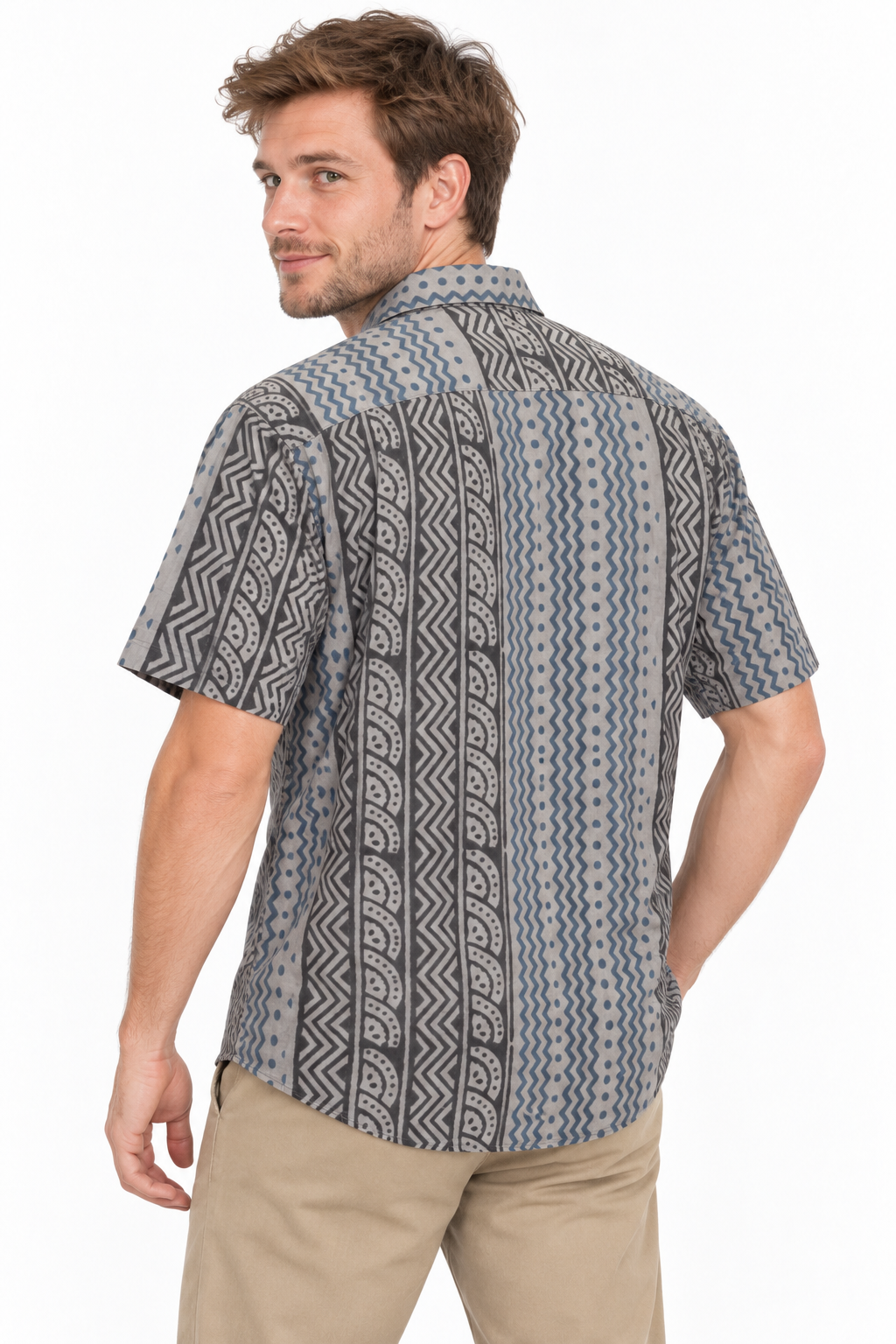 Blue Tribal Stripes men's Hawaiian shirt — model three-quarter back